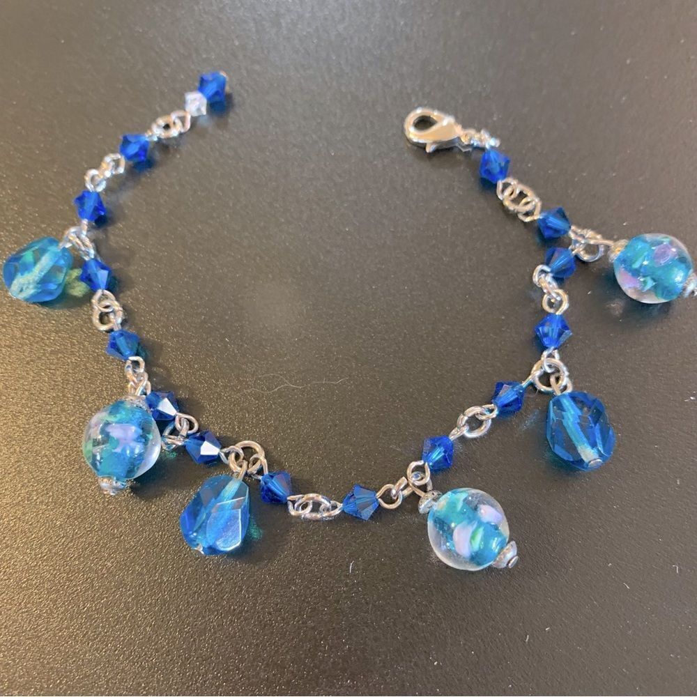 Murano Glass Blue Floral & Blue Crystal Bracelet 7.5” Gorgeous
